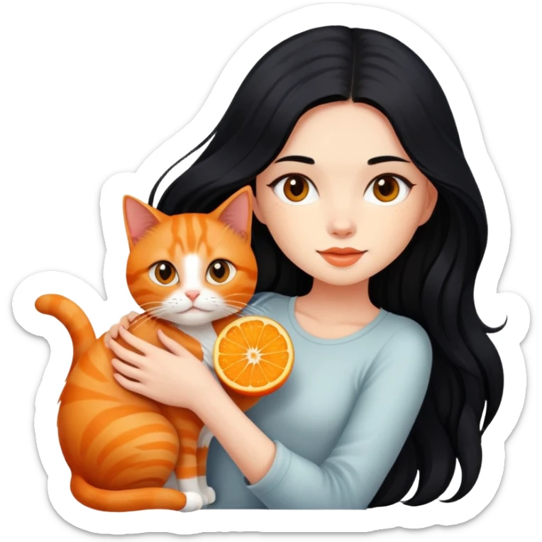 beautiful girl with long flowing black hair holding an orange ginger cat sticker