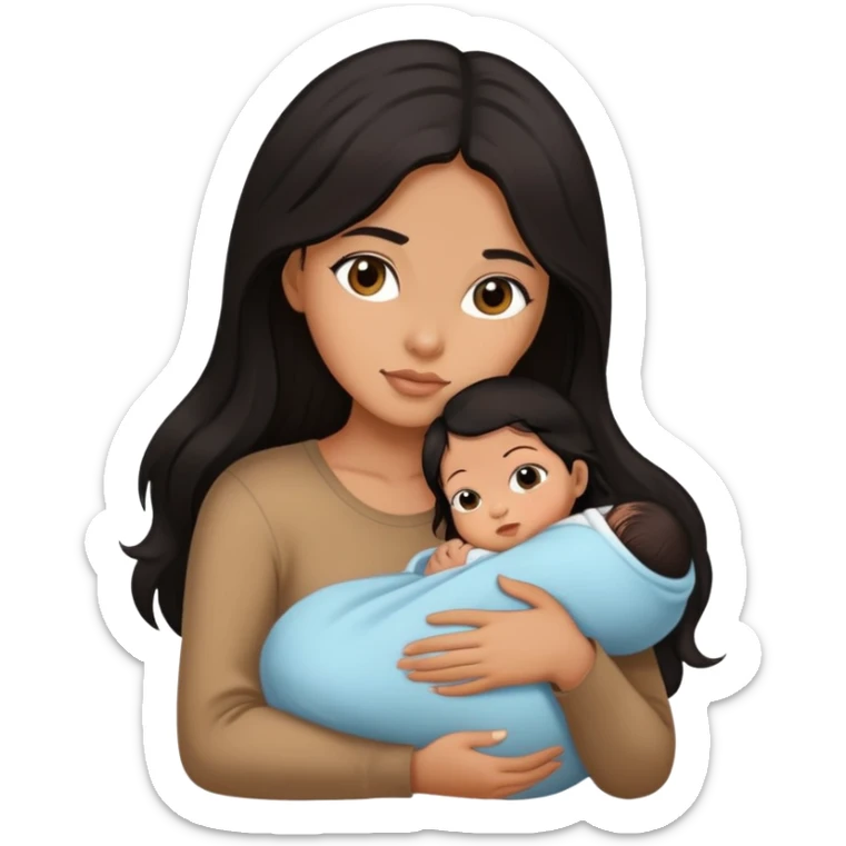 I want a girl with long dark brown hair holding a new born baby with black hair sticker