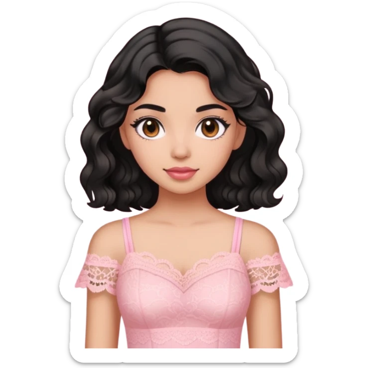 A girl with morena skin tone and black wavy hair wearing pink lace top sticker