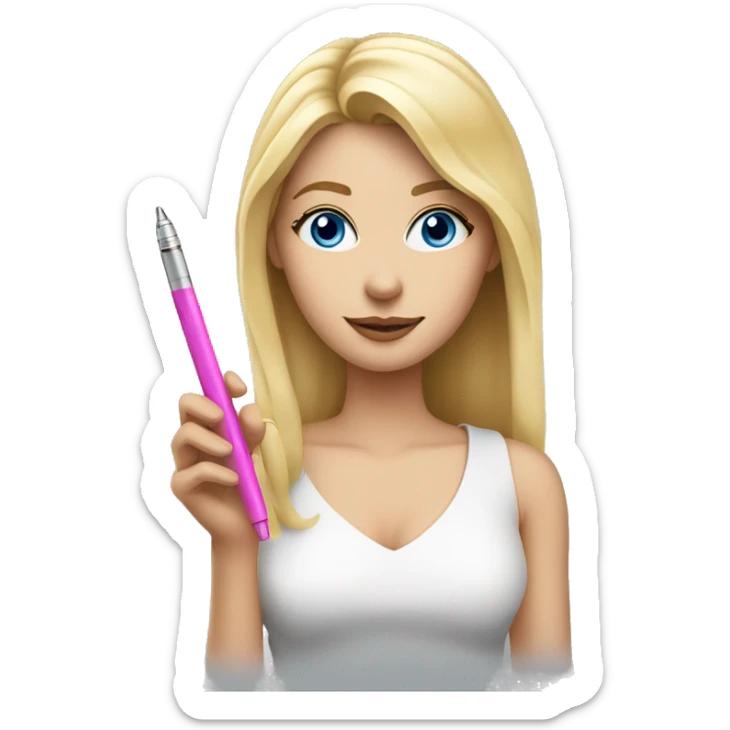 Pretty Blonde woman with blue eyes holding a pink weed pen  sticker