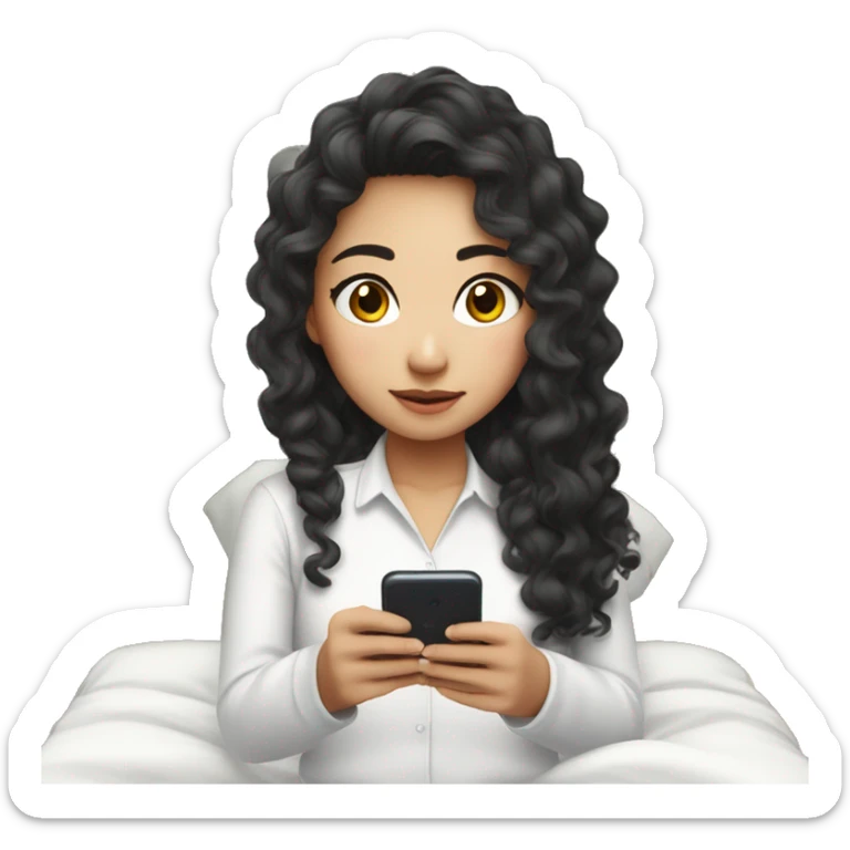 asian girl with curly long hair and white long sleeve shirt watching show on phone on bed sticker