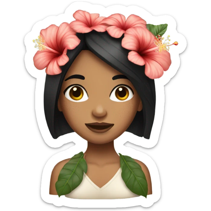 Girl with freckled skin with black straight hair holding hibiscus flowers sticker