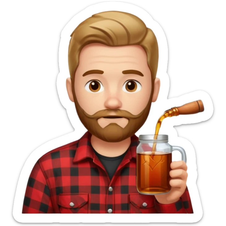 I want a Canadian lumberjack wearing a red and black plaid shirt drinking maple syrup sticker