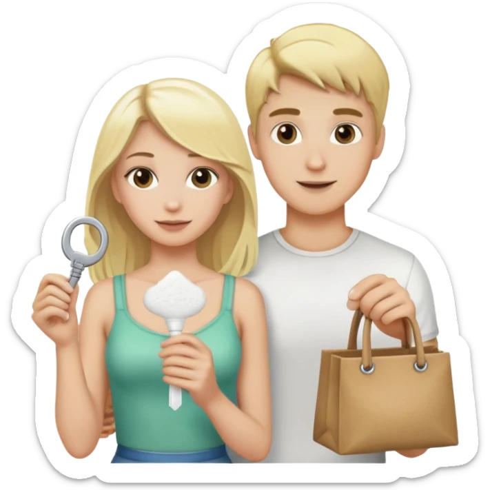 Blonde guy holding a bag of white powder and blonde girl holding a key sticker