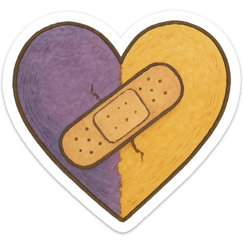 ghibli style purple and yellow heart with a bandage sticker
