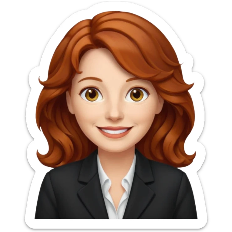 emoji of a woman in her 50s, wavy auburn hair, wearing a blazer, smiling sticker