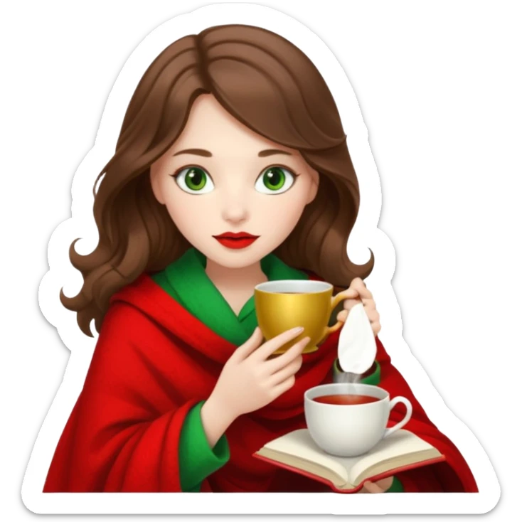 Long wavy brown haired, white skinned, green eyed girl with red lipstick wrapped in a blanket, sipping tea and reading a book sticker