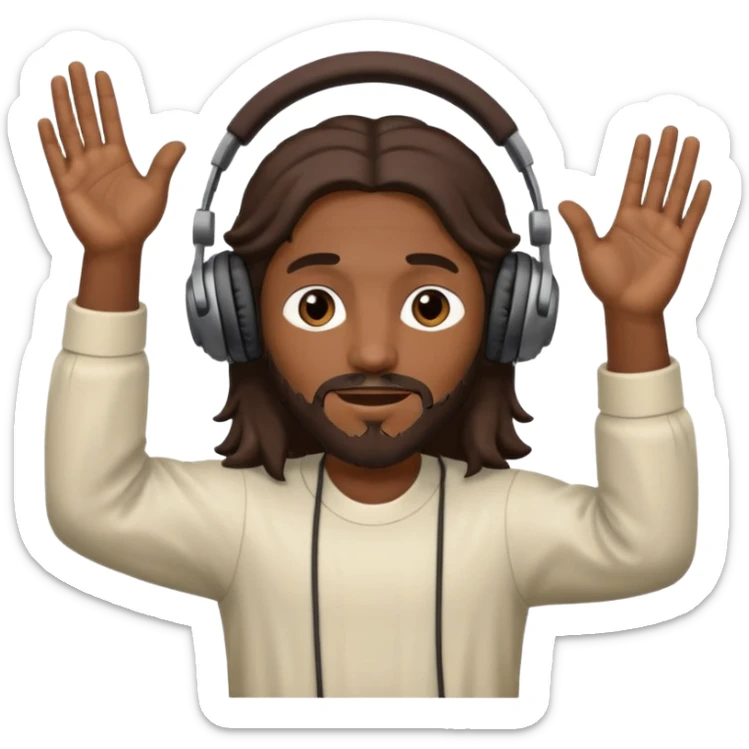 African American Jesus Christ wearing headphones listen to music with hands raised sticker