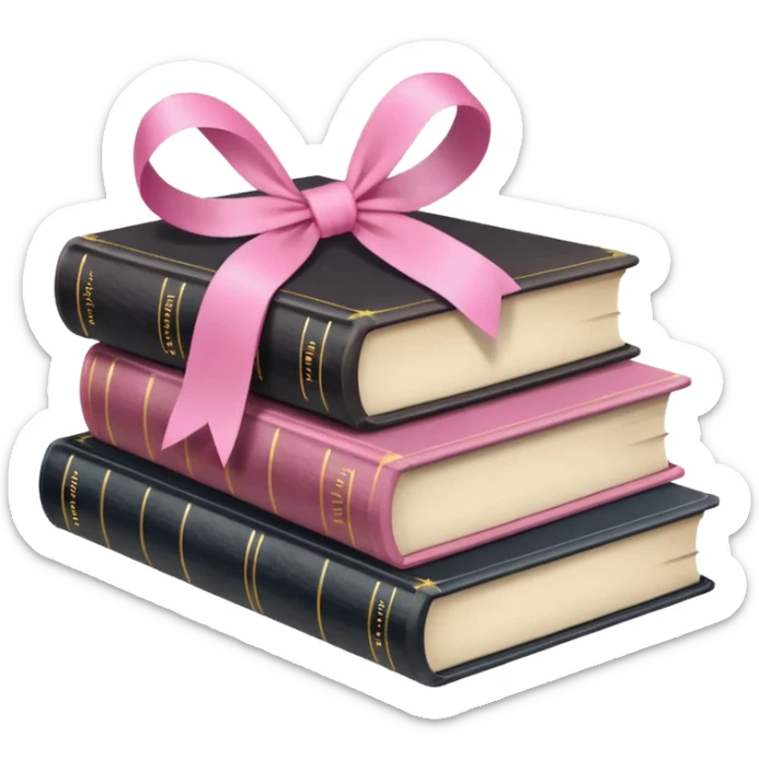 pile of books with a pink ribbon, iPhone emoji style, soft, pink palette sticker