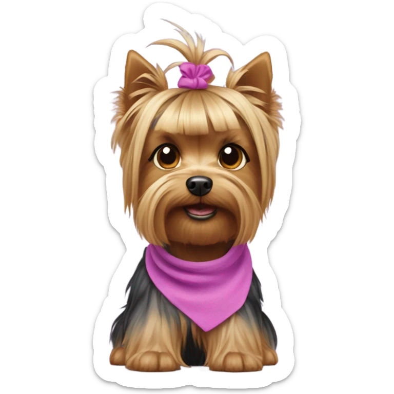 the face of a  Yorkshire Terrier  with a baby face with a ponytail on its head with a purple elastic band and pink short  sticker