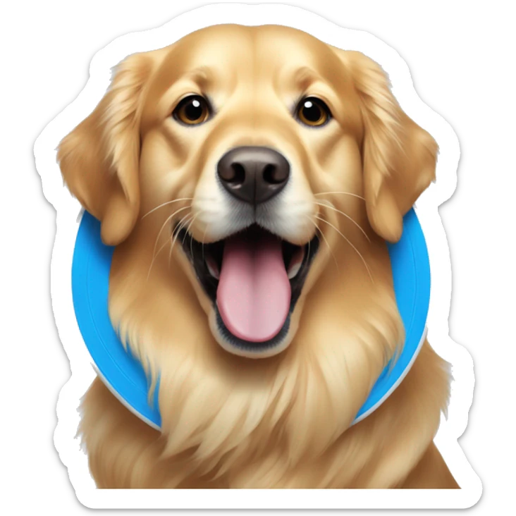 Golden retriever holding big blue frisbee in its mouth sticker