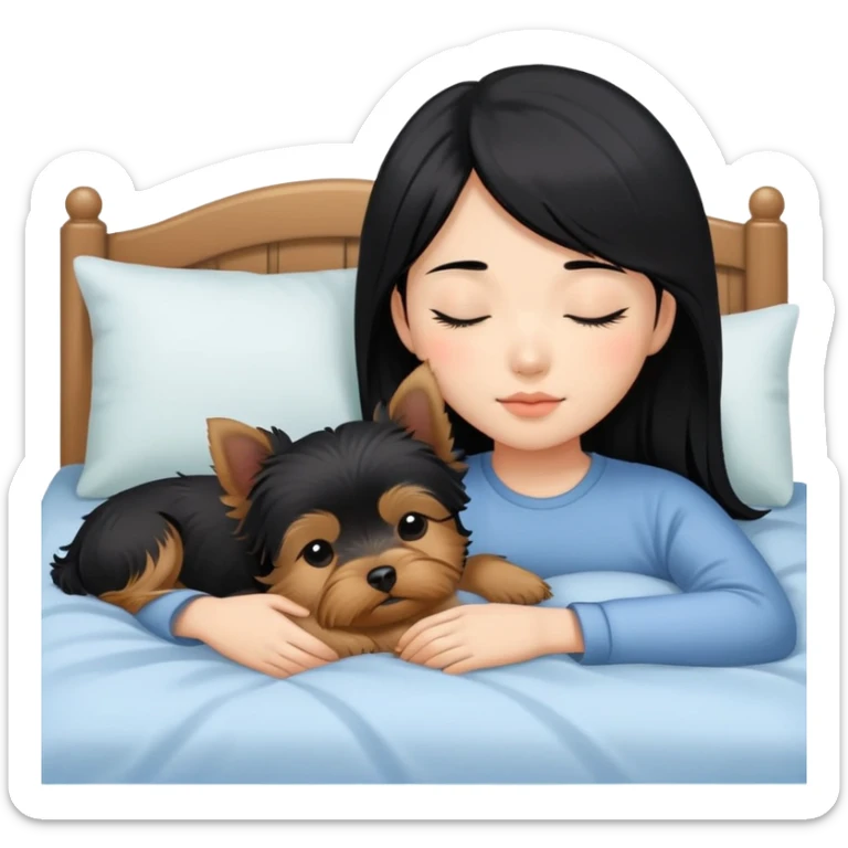 pretty asian girl with black hair sleeping in bed with yorkshire terrier sticker