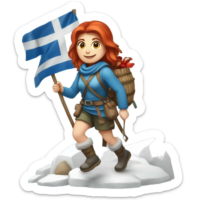 Greek Female winter mountaineer red hair white skin climbing with Greek Flag and Easter eggs basket sticker