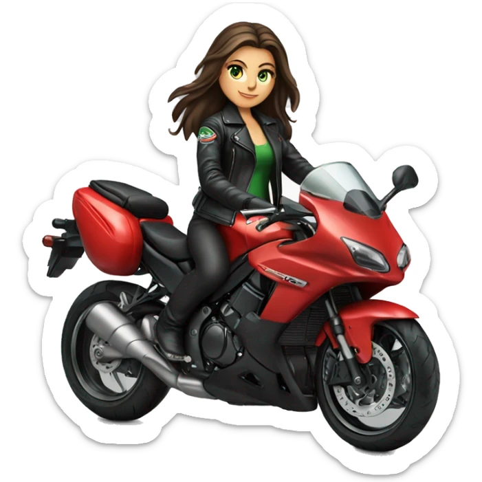 Brunette Girl with Green eyes, Long hair, wearing a black leather jacket is riding a red Kawasaki Sport motorbike sticker