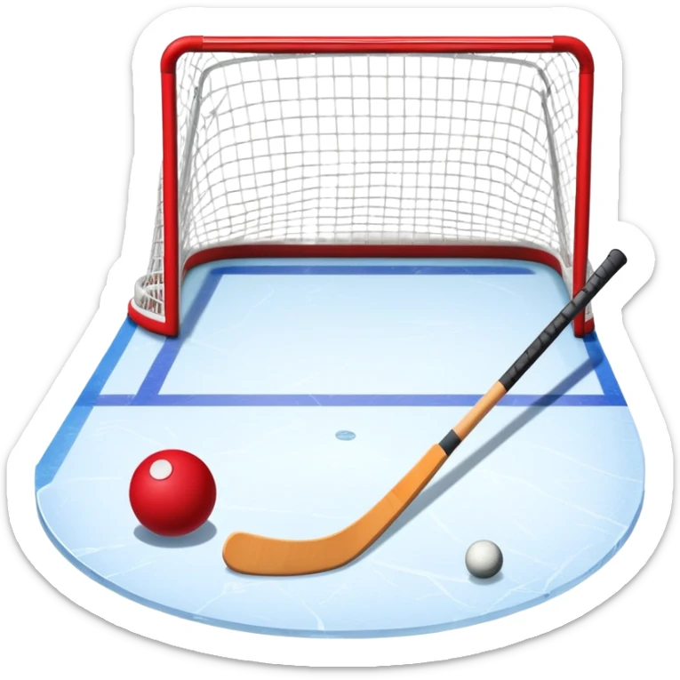 A red ball and hockey stick resting on an ice rink, with the goalposts and clear markings in the background. The scene captures the unique nature of field hockey with a ball on ice, emphasizing the speed and precision of the sport in a cold, competitive atmosphere. sticker