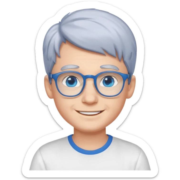 smiling boy in white shirt with blue glasses and blue eyes and gray hair  sticker