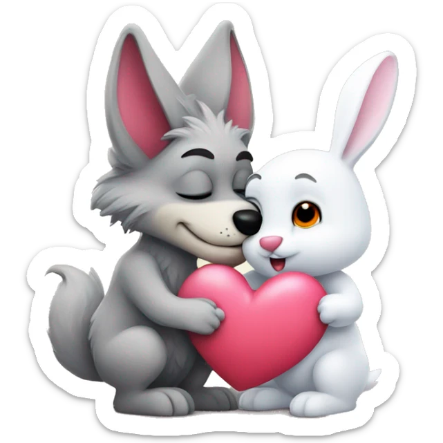 Old Wolf kisses a white Bunny who has pink ears, with big red heart between them sticker