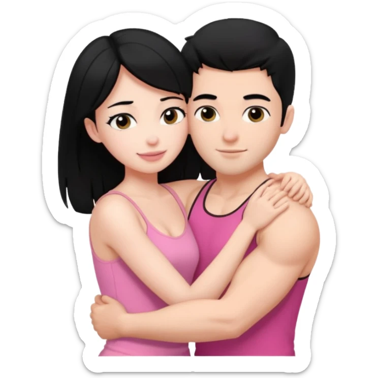 a pretty bratz fair girl. black hair, wearing a pink cami top hugging a handsome fair guy with black hair. lean but muscular sticker