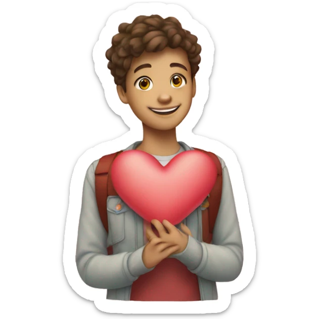A smiling teenager holds a heart that is made up of small squares sticker
