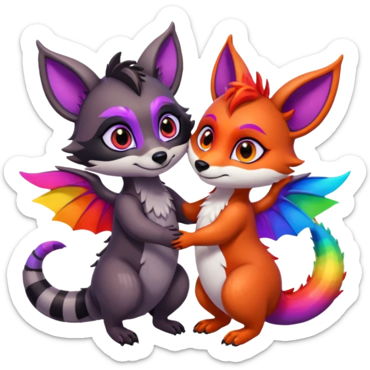 black female raccoon dragon hybrid with rainbow colored wings and purple eyes giving a big hug to a red female fox dragon hybrid with rainbow colored wings and orange eyes sticker