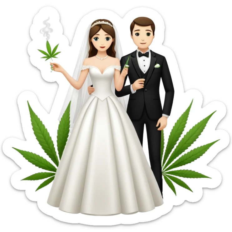 A bride in white wedding dress and groom in tuxedo, full body, sharing a cannabis joint, wedding couple sticker