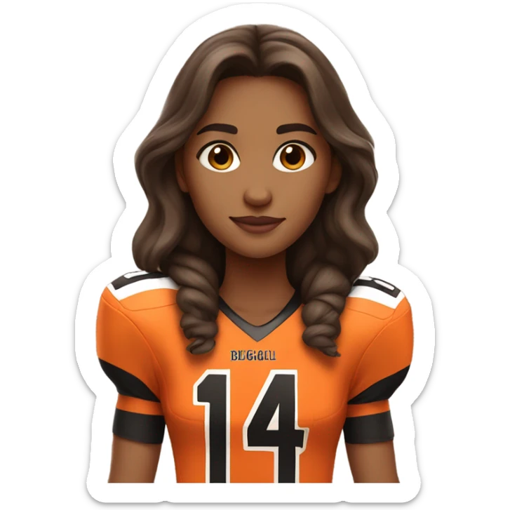 Girl with long brown hair, wearing orange and black Bengals football jersey sticker