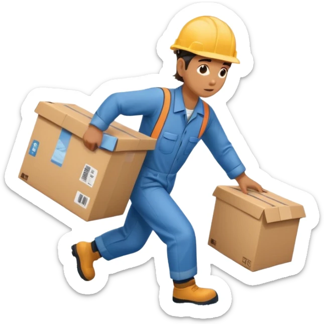 Animación educativa sobre un accidente laboral en un entorno industrial. Un trabajador de fábrica, con casco pero sin otros elementos de protección personal, resbala en un piso mojado y cae al suelo mientras transporta una caja. sticker