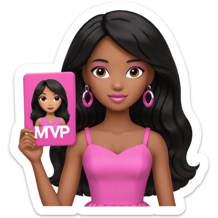 Black barbie, long black  hair, pink dress holding mvp sign  sticker