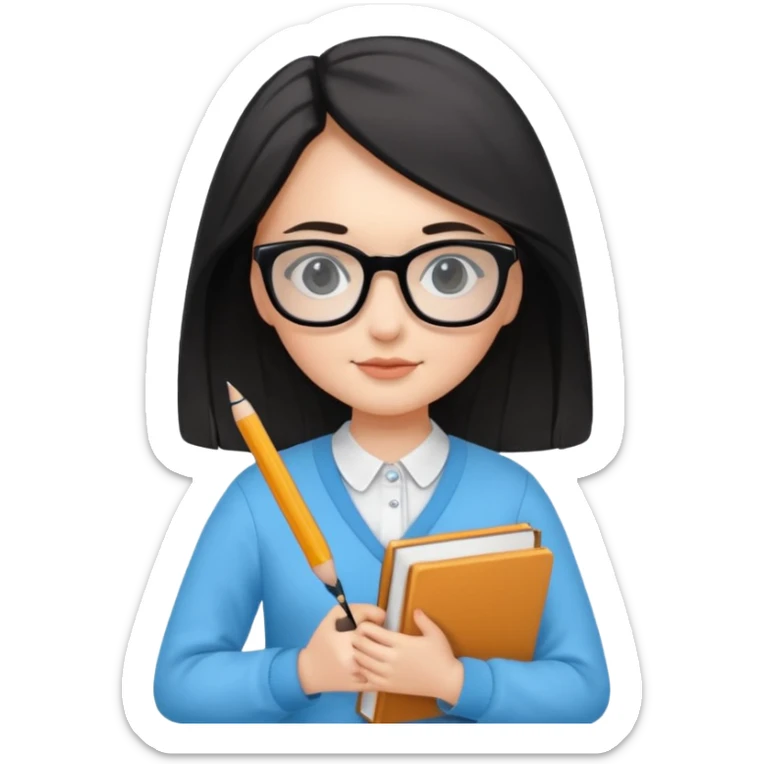 cute girl, glass, smart, Sky-blue colored clothing,
holding a book in one arm and a pen in the other hand.Holding a pen in the right hand as if teaching.Wearing black glasses, with a smart and bright-looking face. sticker