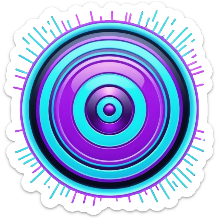 Futuristic glowing bullseye target emoji, neon purple and cyan holographic glow, dark background, digital tech style, abstract sparkles, no face. sticker