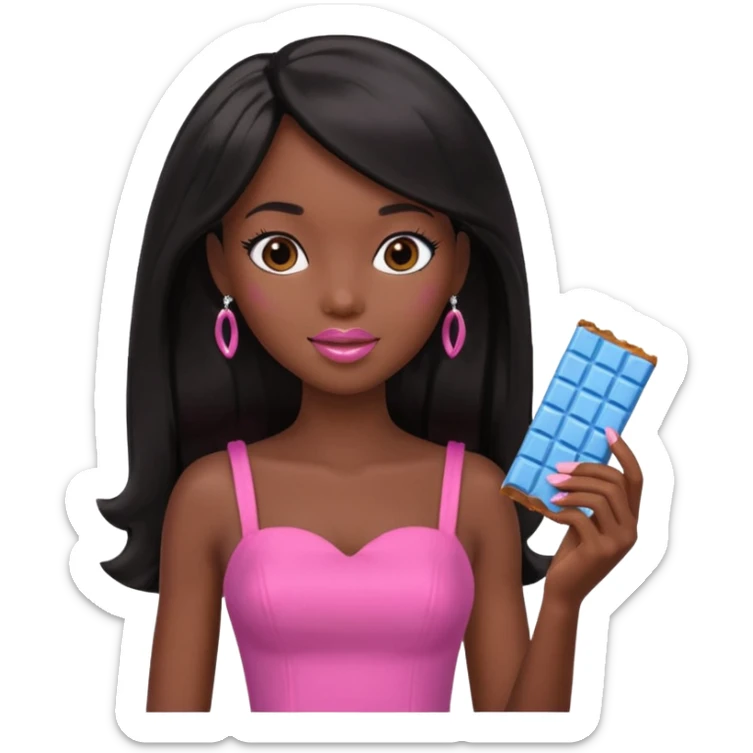 Black barbie, long black  hair, pink dress eating chocalate bar sticker