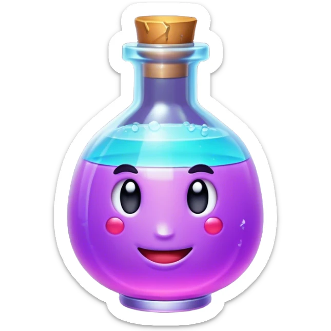 Clash of Clans aesthetic: Cinematic Playful Pixel 3D Magic Potion Portrait Emoji, rendered in a 3D vector-style similar to standard emojis with minimal shading and bold, simplified shapes. A compact, distinct form with signature details, softly glowing with a pixelated adventure charm. Simplified yet unmistakably iconic, highly detailed and consistent, glowing with a soft radiance and high shine. Stylized with a touch of classic pixel-art charm and a soft glowing outline, capturing the essence of a beloved gaming relic with a friendly, playful manner! sticker
