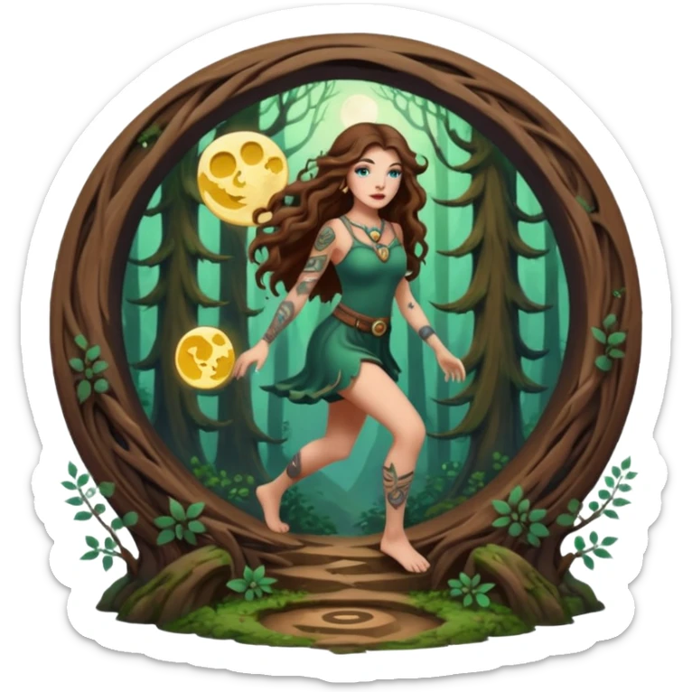 forest mystic woman long wavy brown hair tattoos stepping through small moon portal sticker