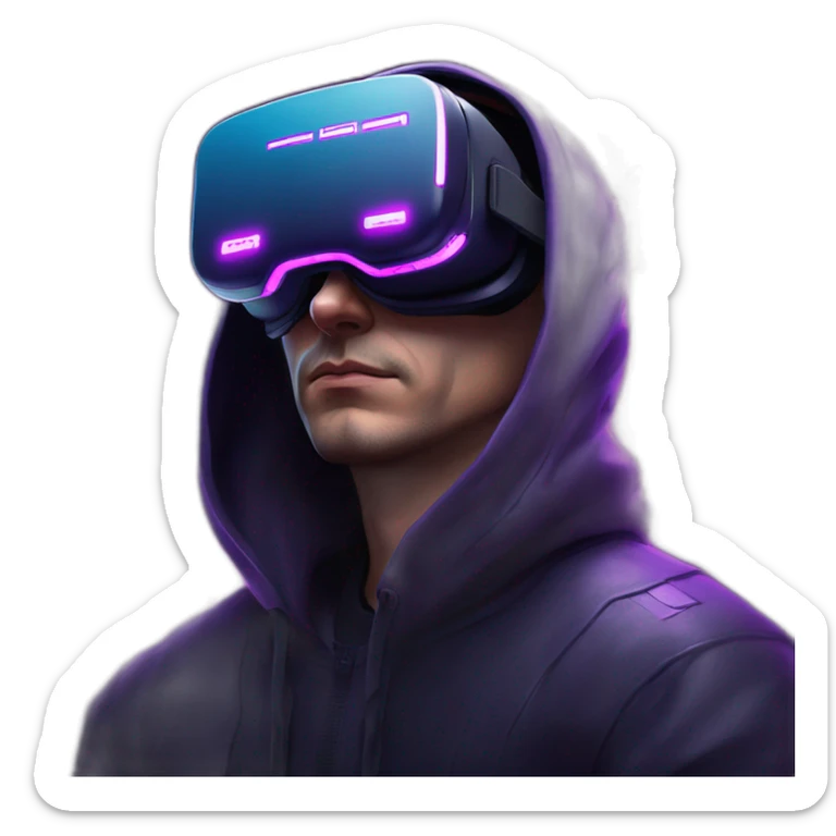 Russian man in the black hoody with violet letters "OMG VR" on it wearing vr headset. Cyberpunk style. Violet neon. sticker