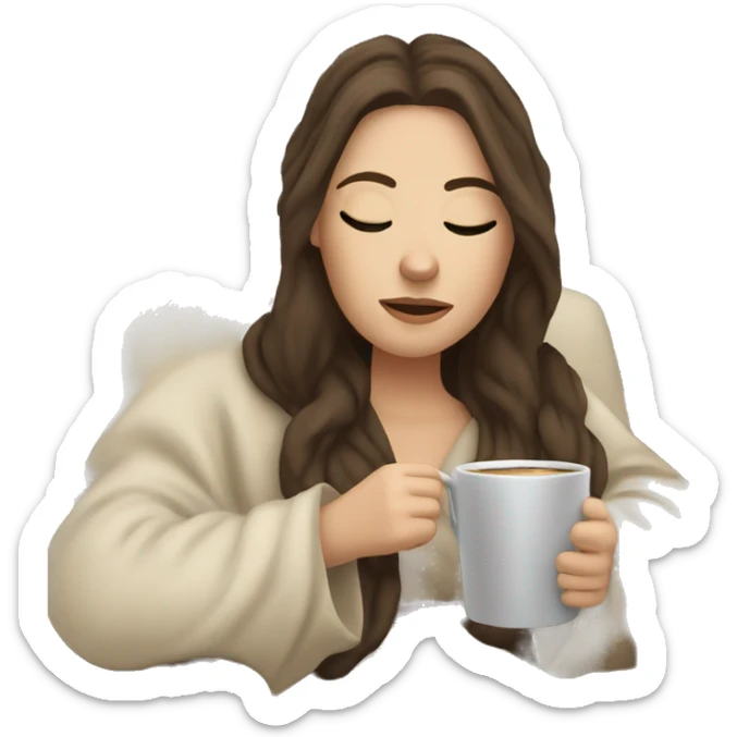 Brunette white girl covered in blanket sitting on a cozy chair holding coffee eyes closed sticker