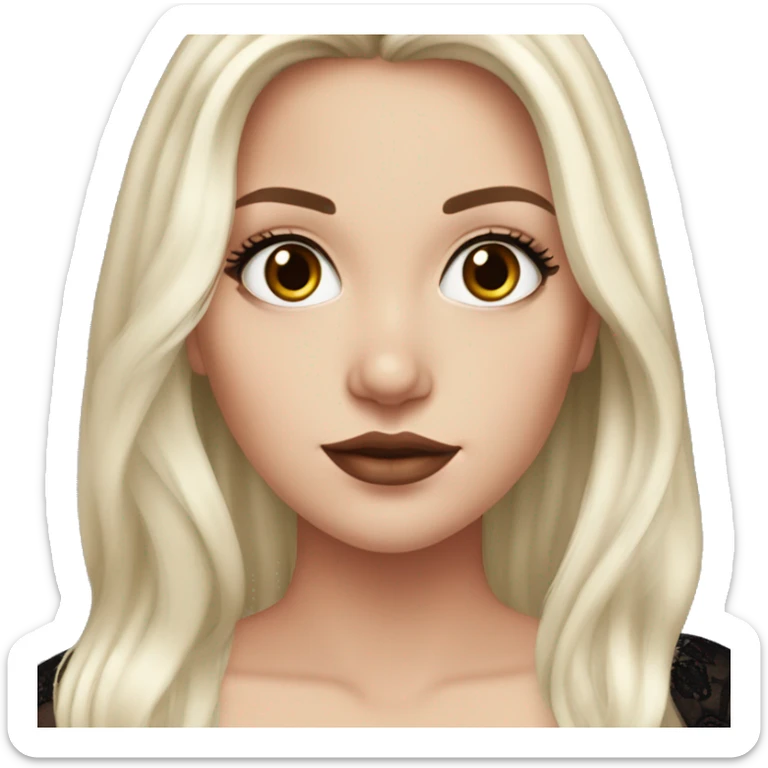 white girl, long straight middle part burgundy hair, black lacey top, brown eyes, long eyelashes, full lips  sticker