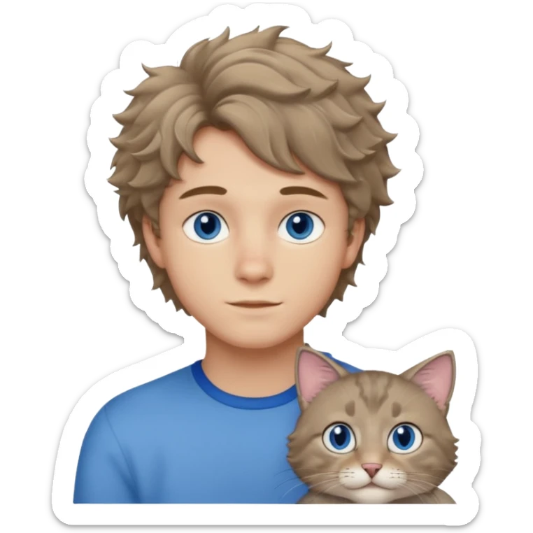 20 year old boy with slightly curly dark blonde hair and blue eyes with cat sticker