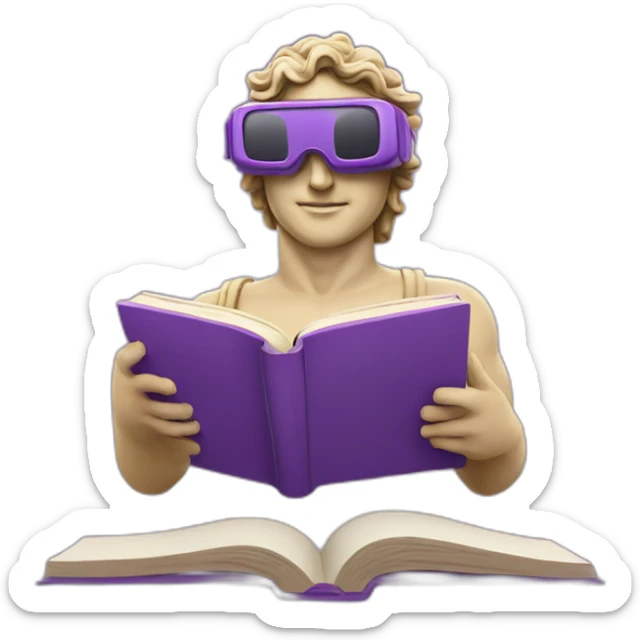 an EMOJI OF A ancient young greek statue reading a book, wearing VR glasses, purple colors, DIGITAL UNIVERSE sticker