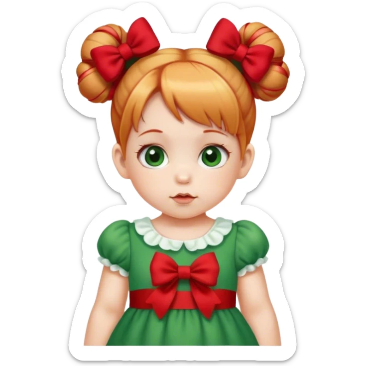 baby gir with  1 bunns bow   red blond mix hair  in green dress  sticker