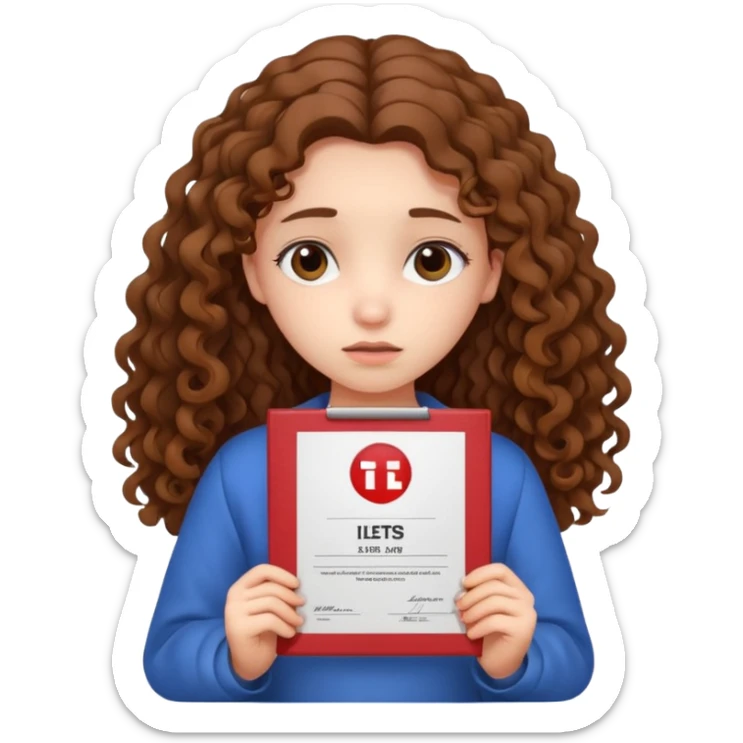 Sad girl with long curly brown hair shows her IELTS certificate with a low score in disappointment sticker