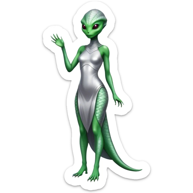 Green Alien reptilian woman in silver dress, full figure sticker