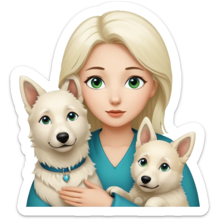 A white blonde Hair Woman with blue Green eyes with a White Shepard with a little bit beige in the fur in a lovely pose  sticker