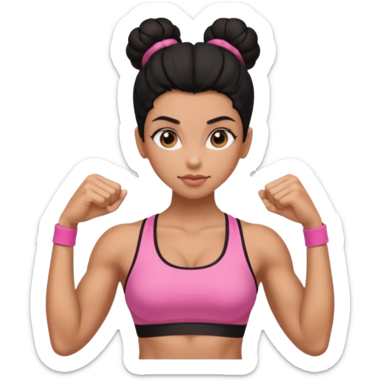 Caramel skinned toned female with a black bun for hair. Her eyes are a coffee color brown and almond shaped. She’s wearing a pink sports bra and showing off her flexed muscular toned biceps. She’s not holding anything in her hands sticker