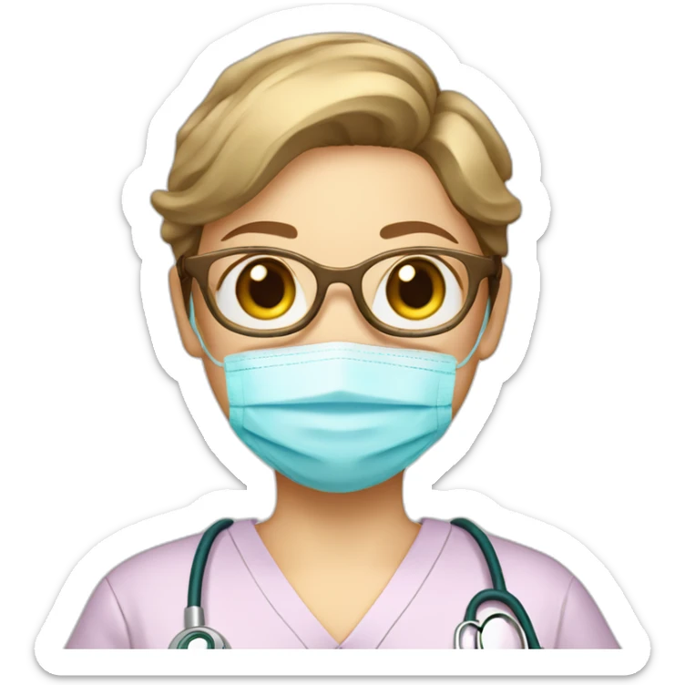A single smart nurse with scrub suit with golden glasses with short brown hair with fair skin with rosy lip sticker