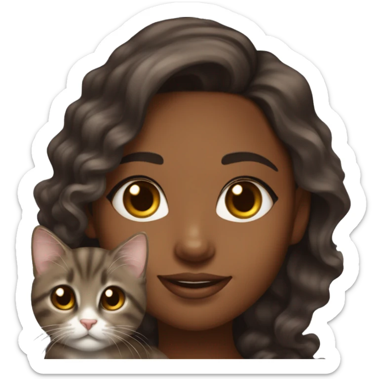 pretty brown skinned girl with long brown wavy hair long eyelashes and a chin dimple holding a dark gray kitten  sticker