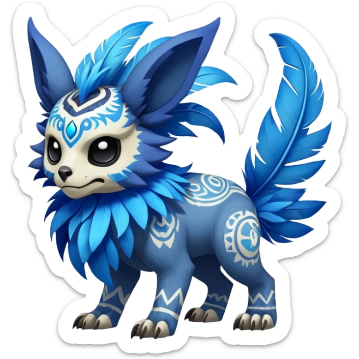 Furry cute colorful exotic tribal feral anime-styled Fakémon-Pokémon-animal-creature with a skull mask, and blue feathers around neck, and blue feathers, with long furry ears, long furry tail, 4 legs, (full body), with intricate pattern-markings  sticker