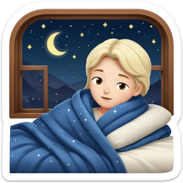 person going to bed on time, cozy blanket, night sky outside window, peaceful and friendly sticker