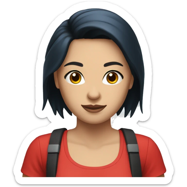 Create an emoji of a woman with black hair, white skin wearing blue shorts and a red top and posing. sticker