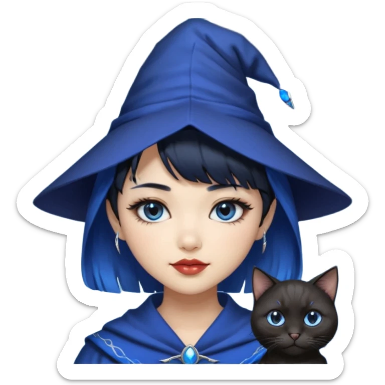 an asian short haired girl with electric blue highlighted short raven hair with bangs, with her silver left eye and dark brown right eye, with black cat eyed style eyeliner, and smirk of natural toned lipstick, with wizard hat with moon emblem on his hat. sticker