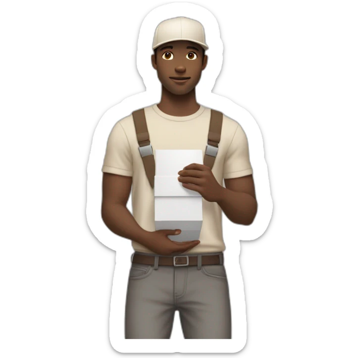 Pale skinned fit Man with dark brown hair in a beige cap, gray jeans, brown polo and white T-shirt keeping a pasted with tape white box into his hands sticker